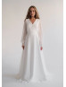 Long Sleeves Ivory Chiffon Lace Keyhole Back Wedding Dress